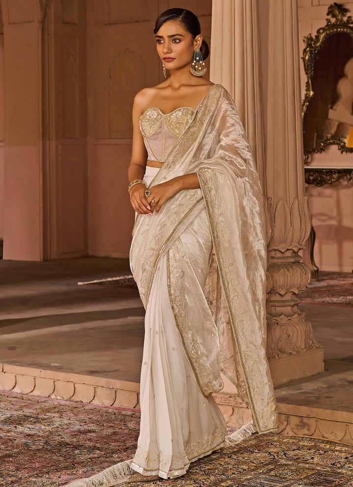 White Embroidered Pre-Draped  Saree with Corset Blouse