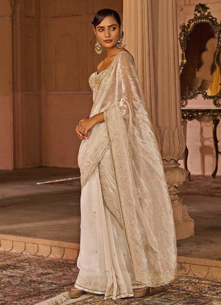 White Embroidered Pre-Draped  Saree with Corset Blouse