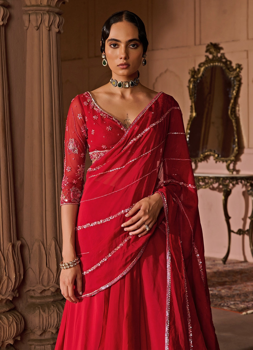 Red Embroidered Organza Pre-Draped Saree