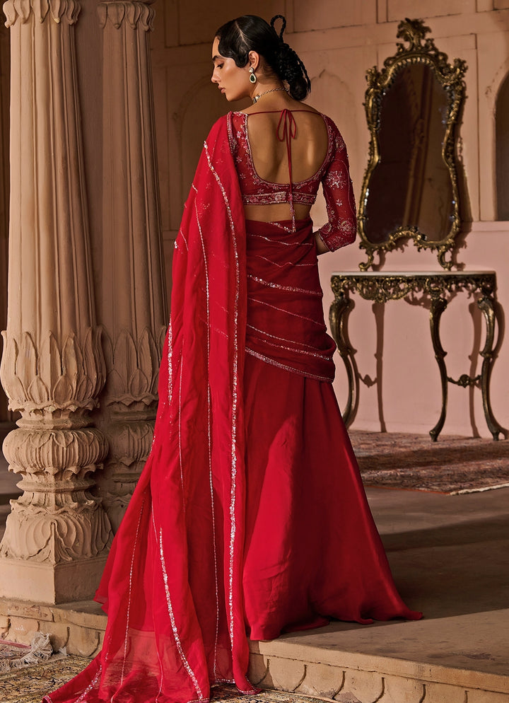 Red Embroidered Organza Pre-Draped Saree