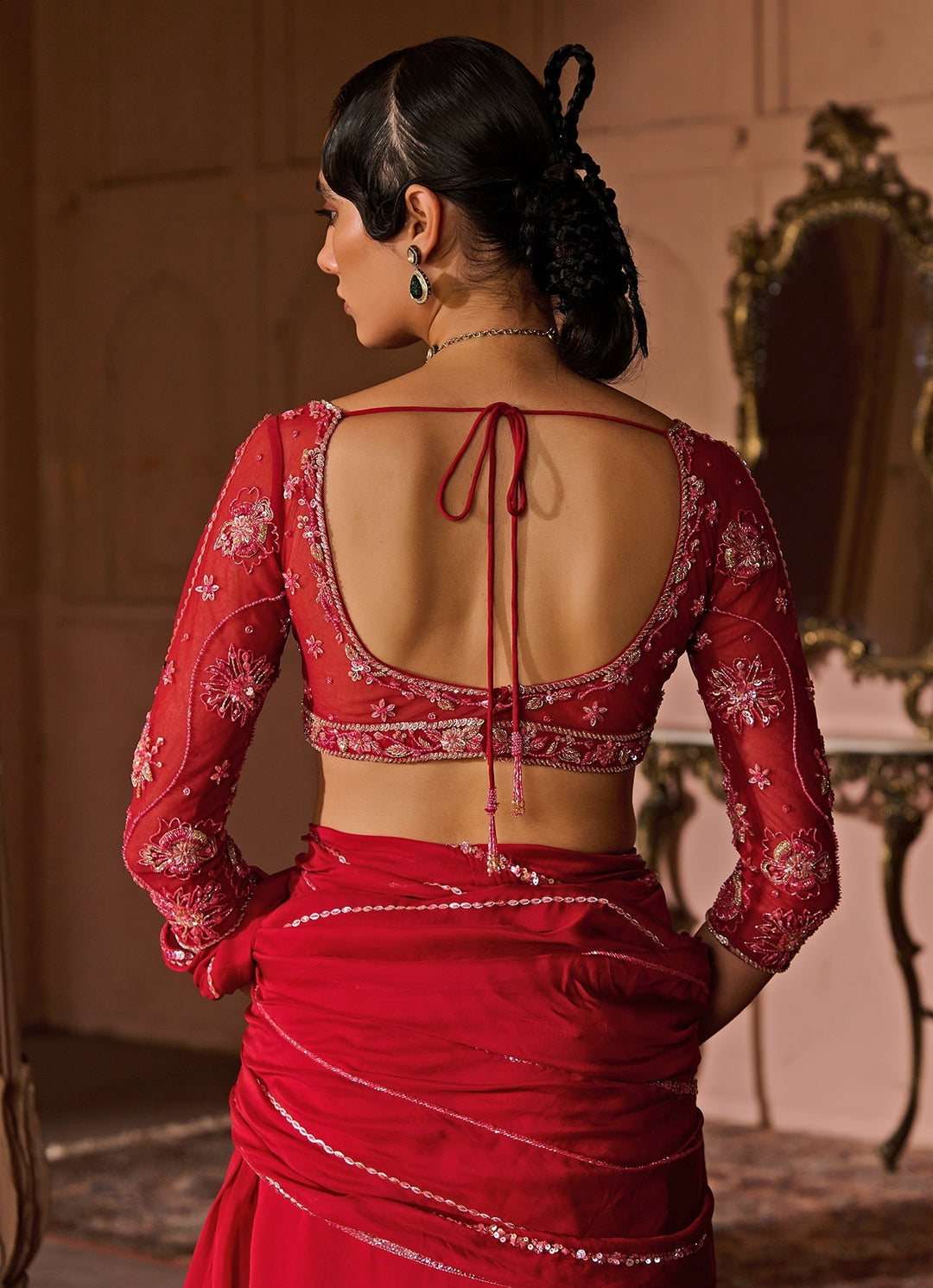 Red Embroidered Organza Pre-Draped Saree
