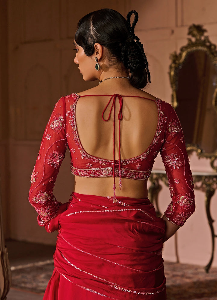 Red Embroidered Organza Pre-Draped Saree