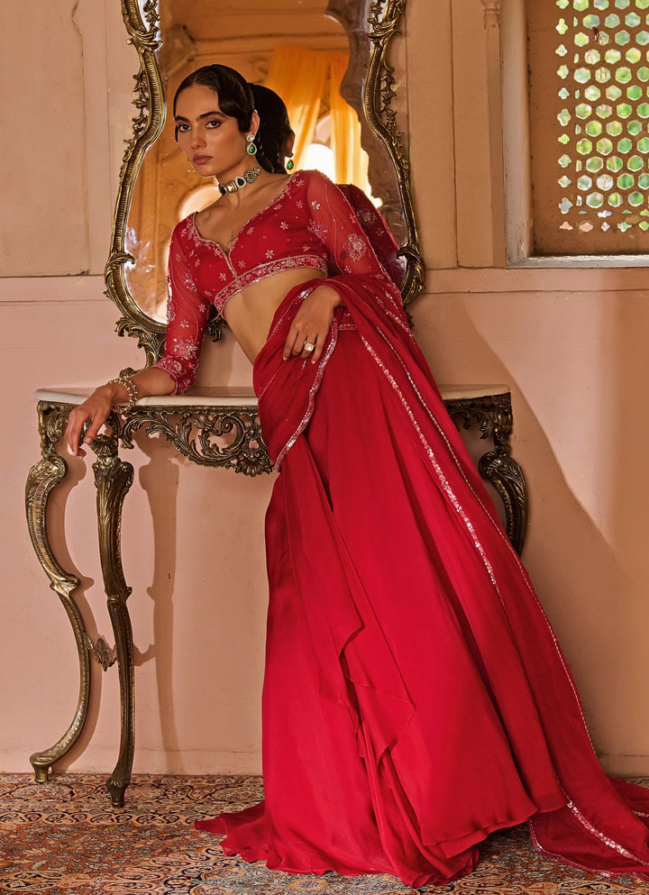 Red Embroidered Organza Pre-Draped Saree