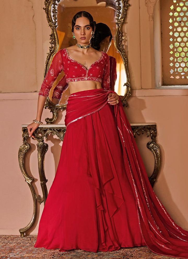 Red Embroidered Organza Pre-Draped Saree
