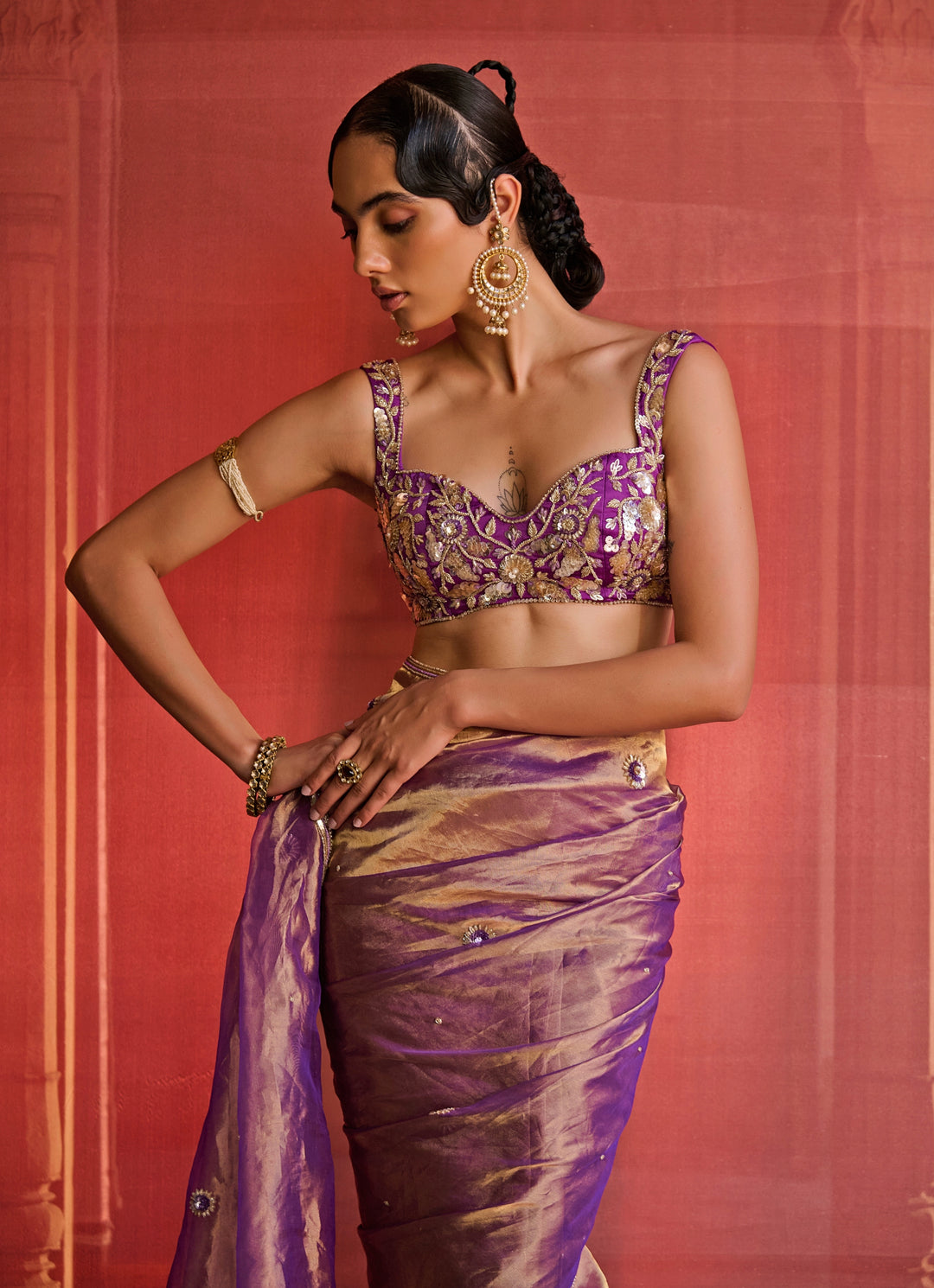 Purple Embroidered Silk Tissue Saree Set