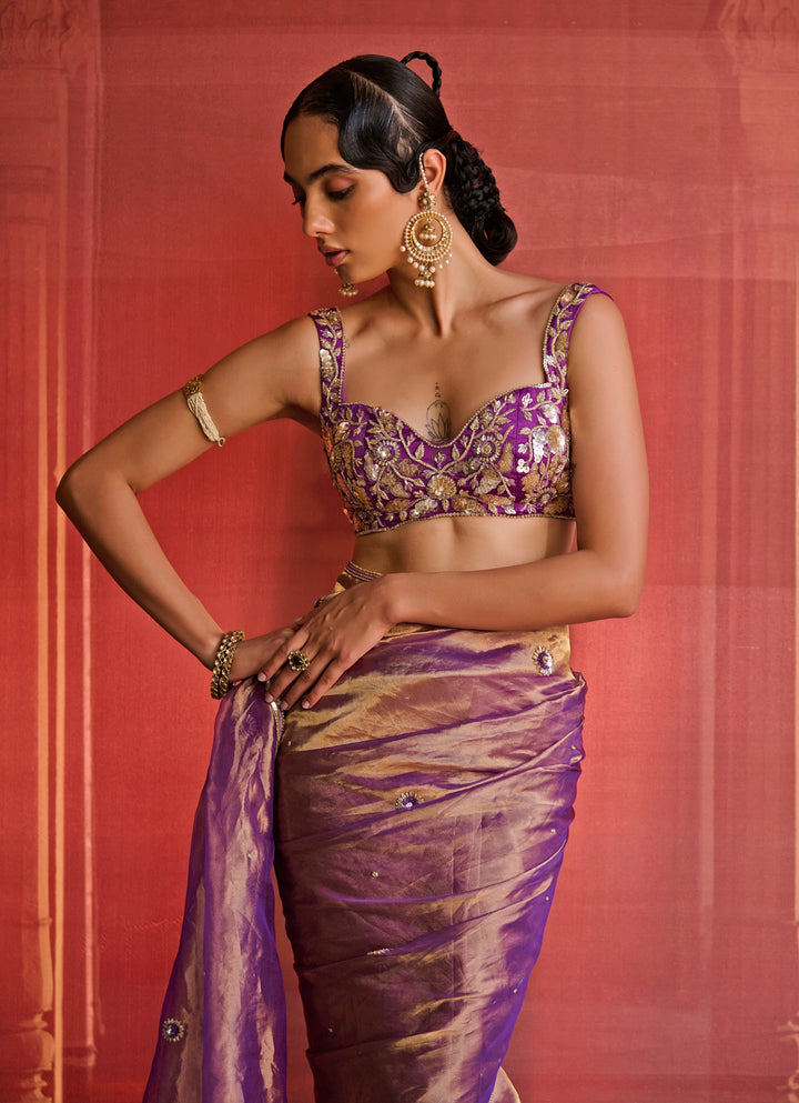 Purple Embroidered Silk Tissue Saree Set