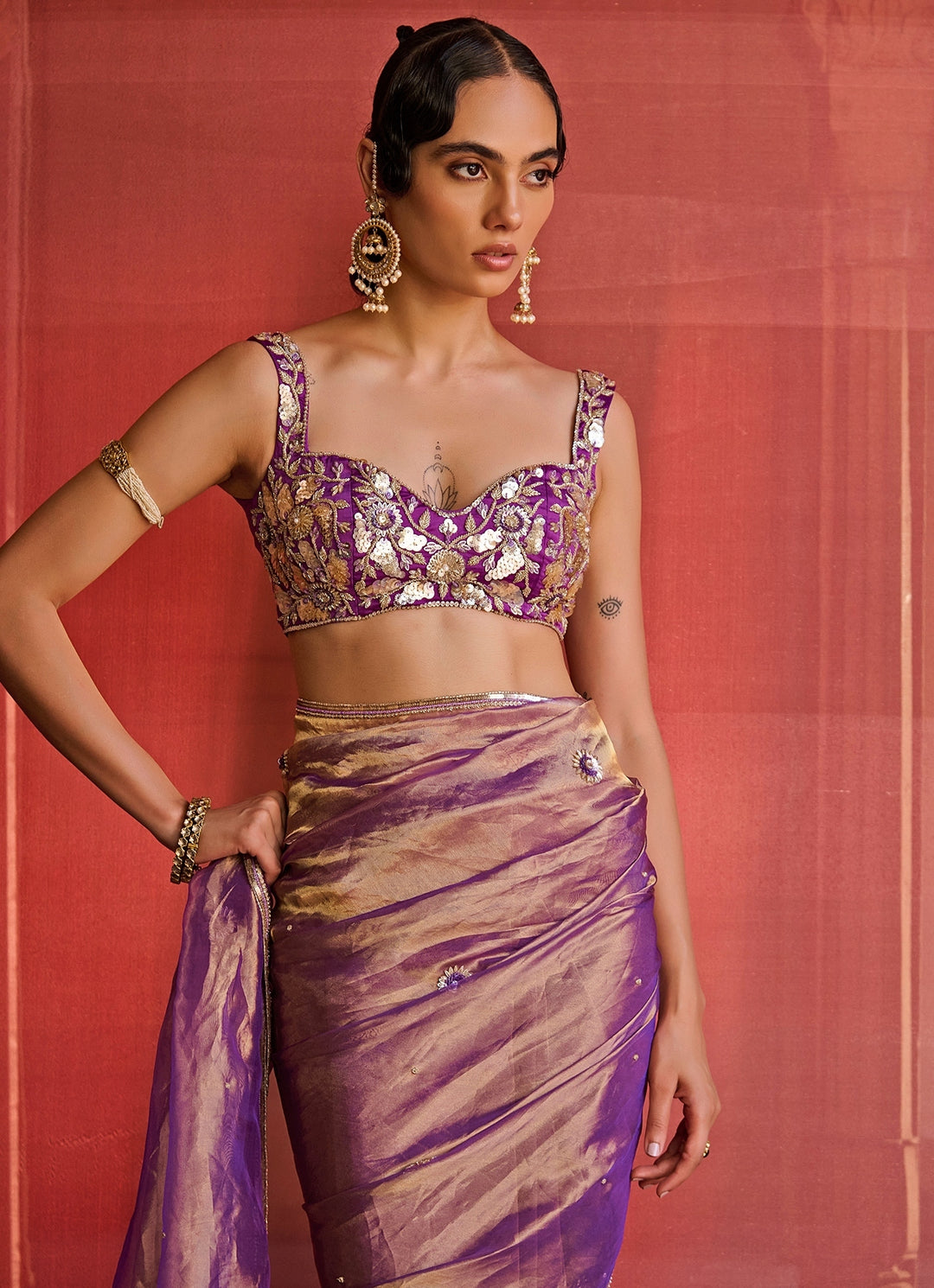 Purple Embroidered Silk Tissue Saree Set