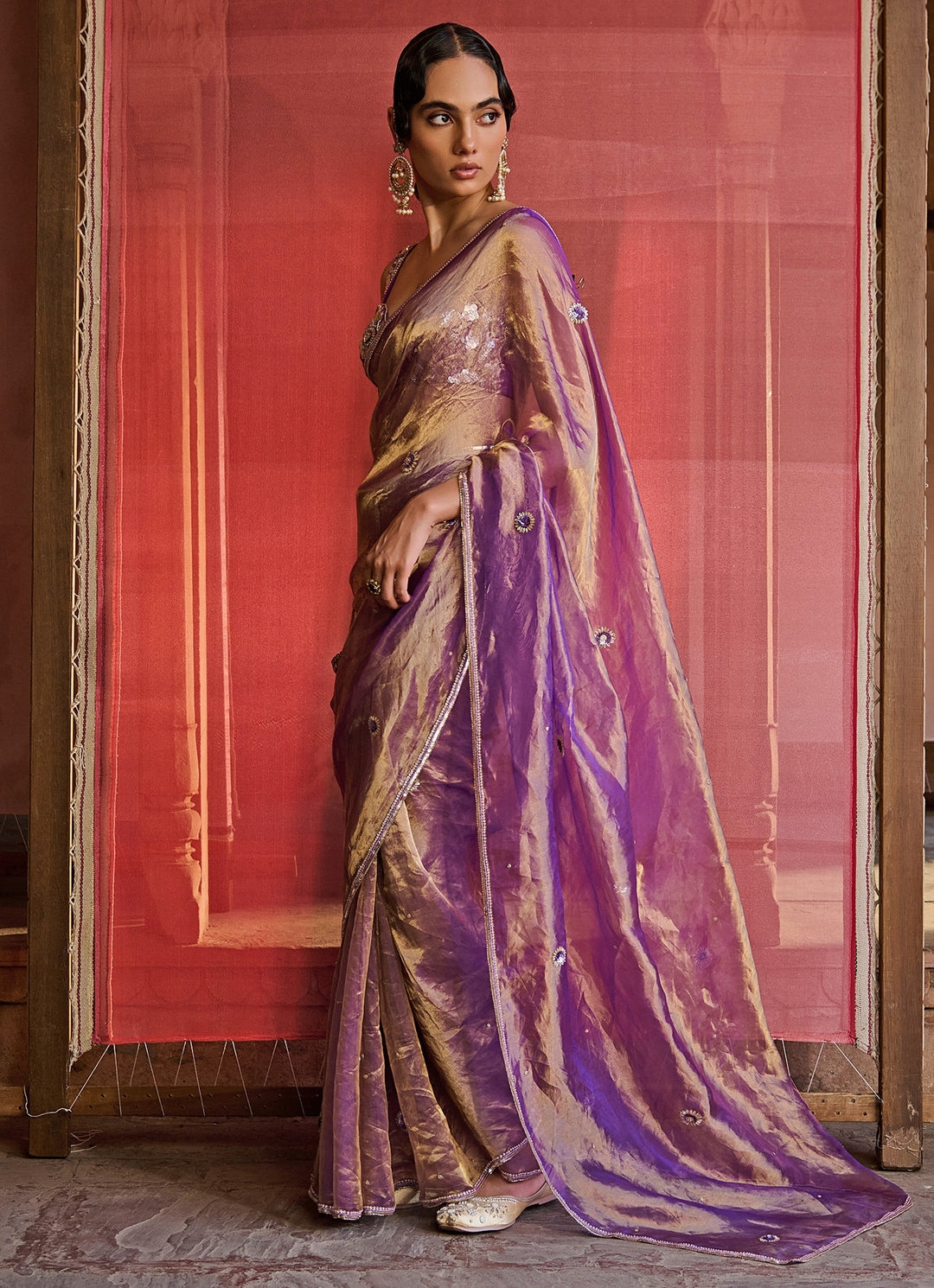 Purple Embroidered Silk Tissue Saree Set