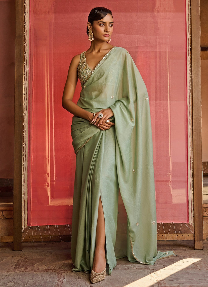 Sage Green Embroidered Georgette Pre-Draped Slit Saree