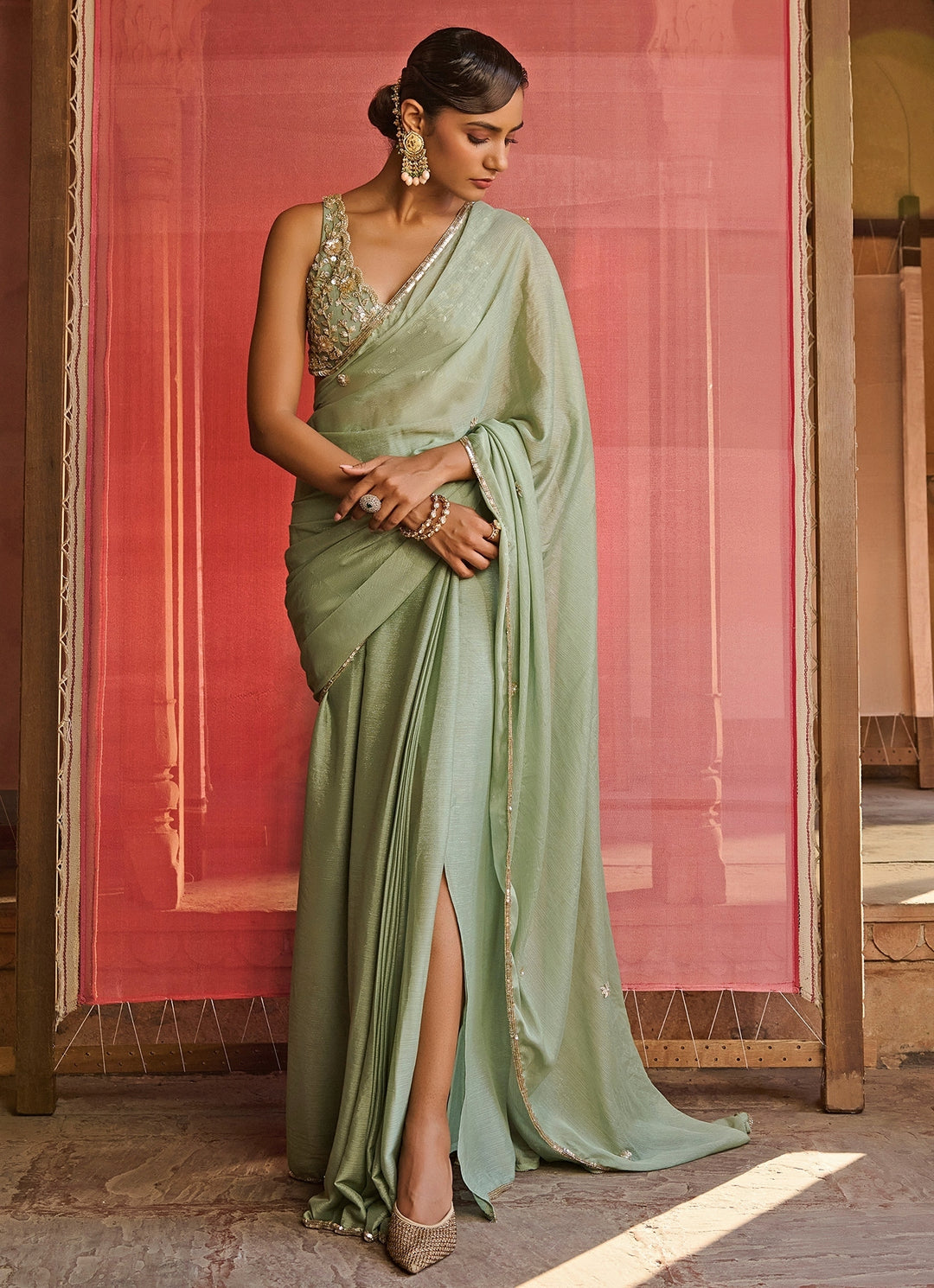 Sage Green Embroidered Georgette Pre-Draped Slit Saree