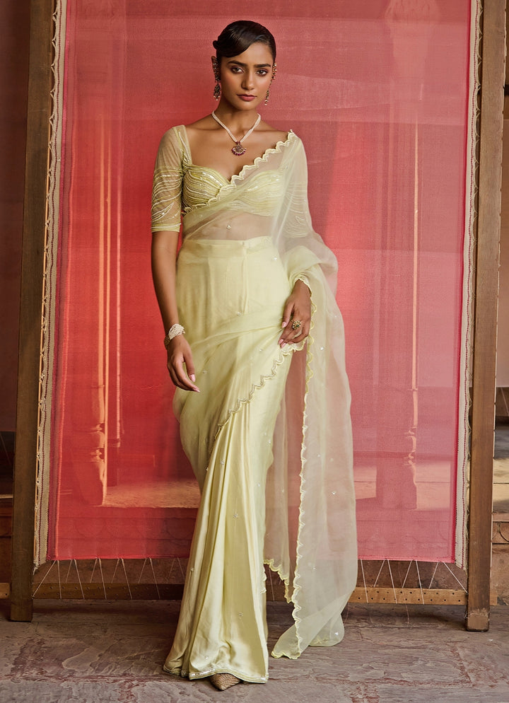 Lime Yellow Embroidered Satin Pre-Draped Saree