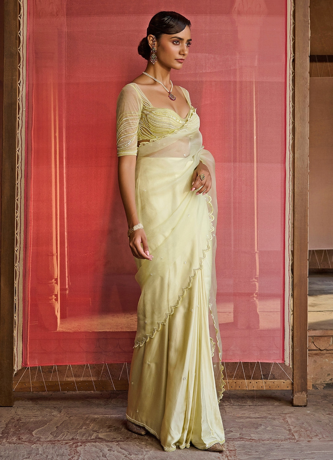 Lime Yellow Embroidered Satin Pre-Draped Saree