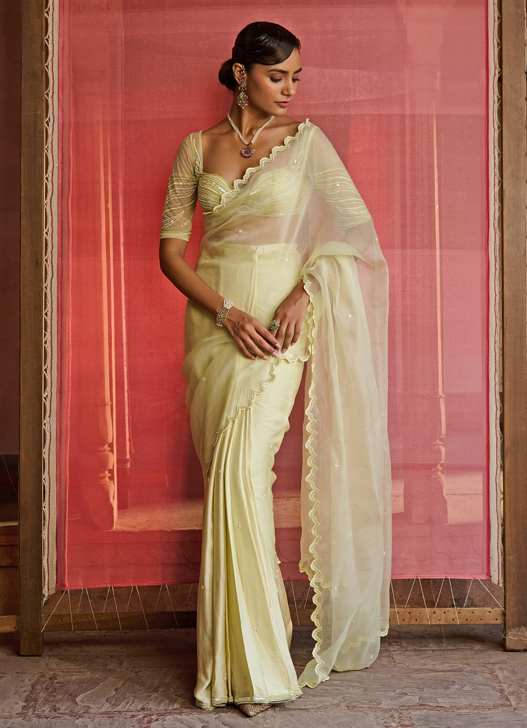 Lime Yellow Embroidered Satin Pre-Draped Saree