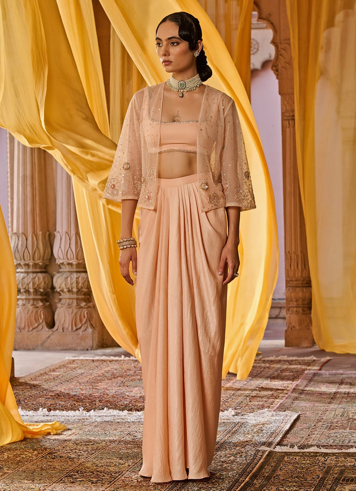 Peach Embroidered Satin Skirt Set With Jacket