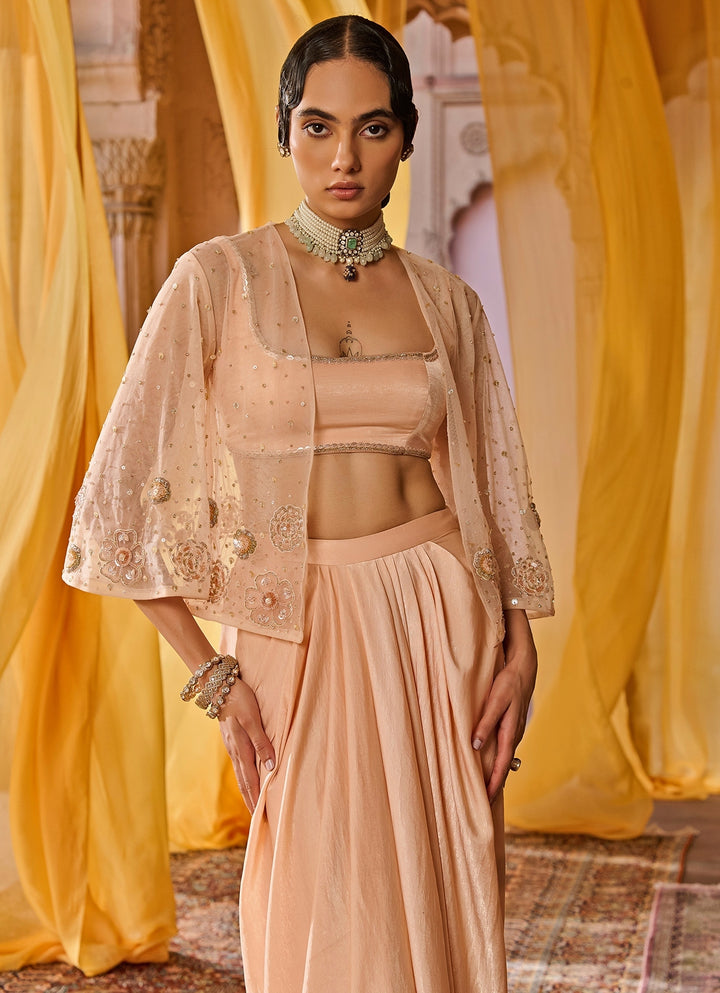 Peach Embroidered Satin Skirt Set With Jacket