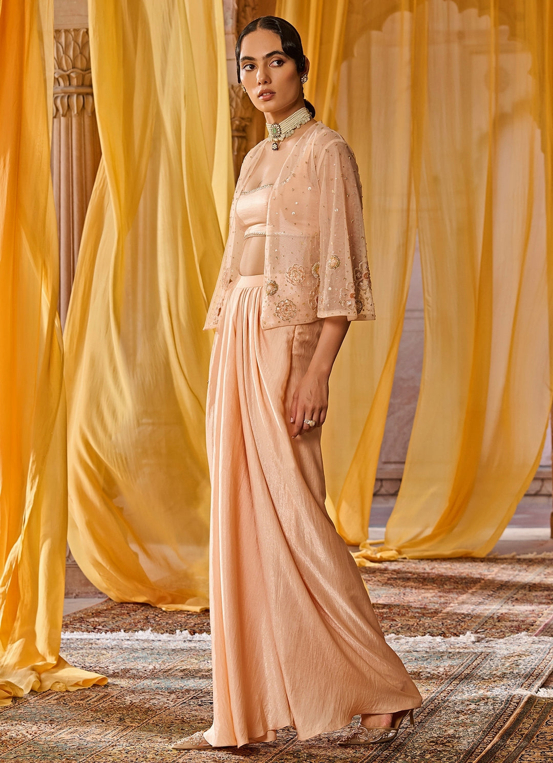 Peach Embroidered Satin Skirt Set With Jacket