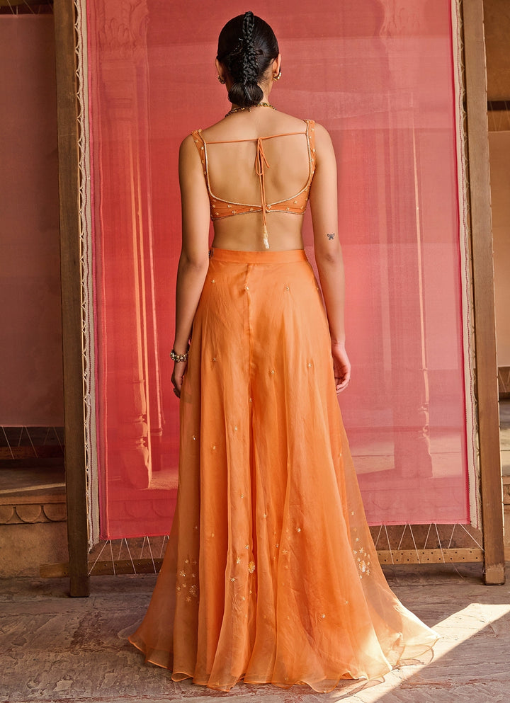 Orange Embroidered Organza Pants Set With Jacket