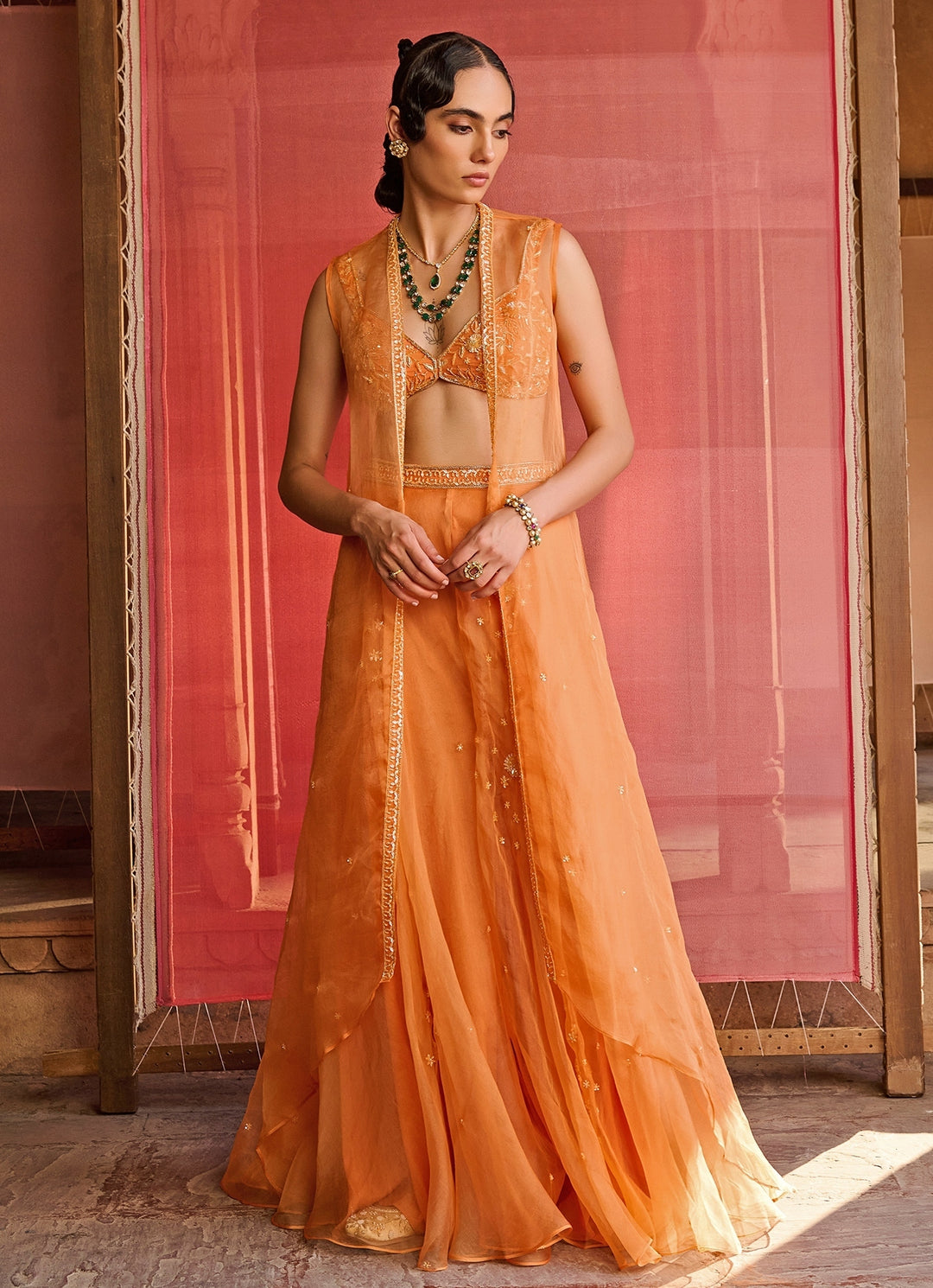 Orange Embroidered Organza Pants Set With Jacket