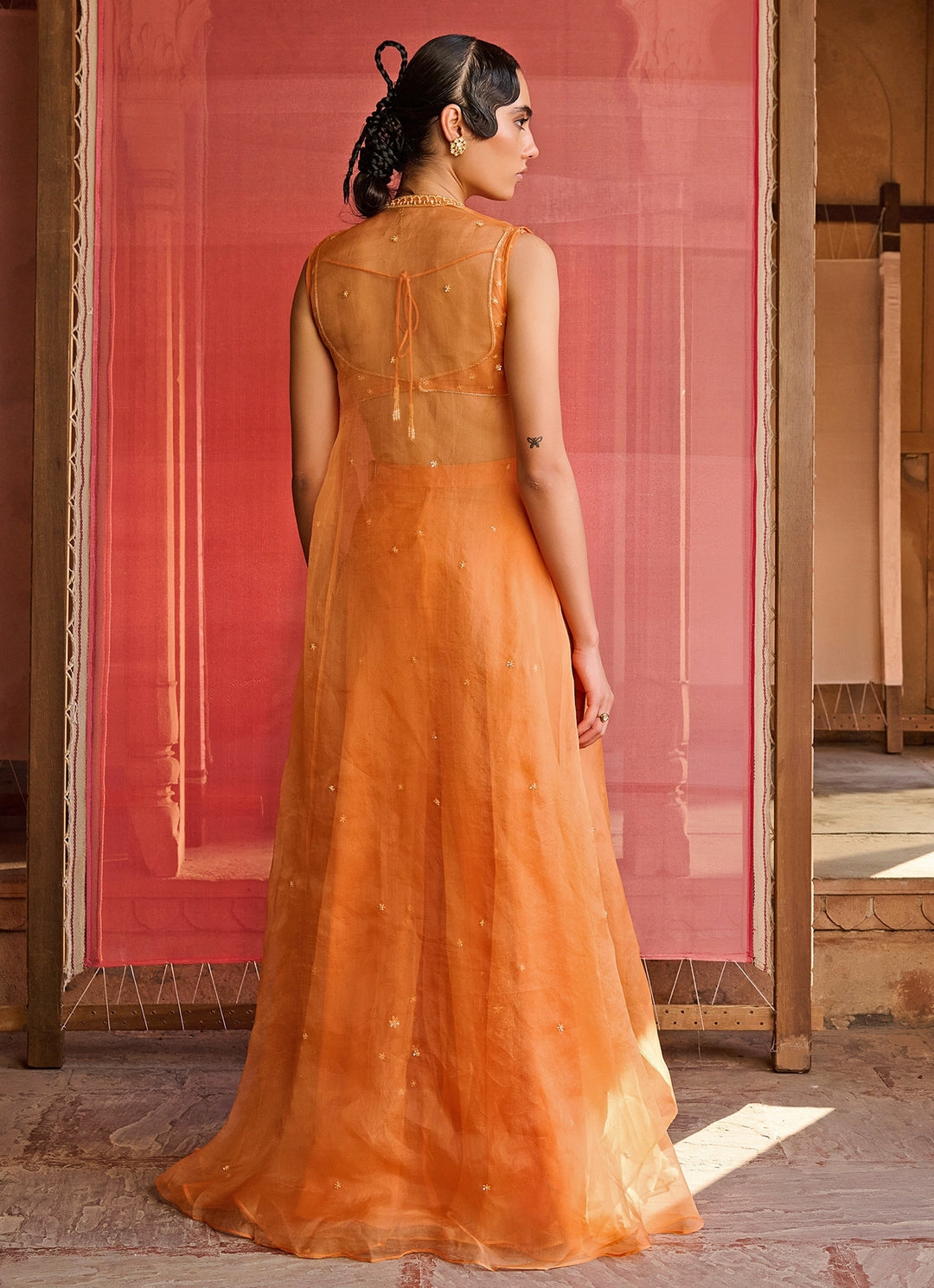 Orange Embroidered Organza Pants Set With Jacket