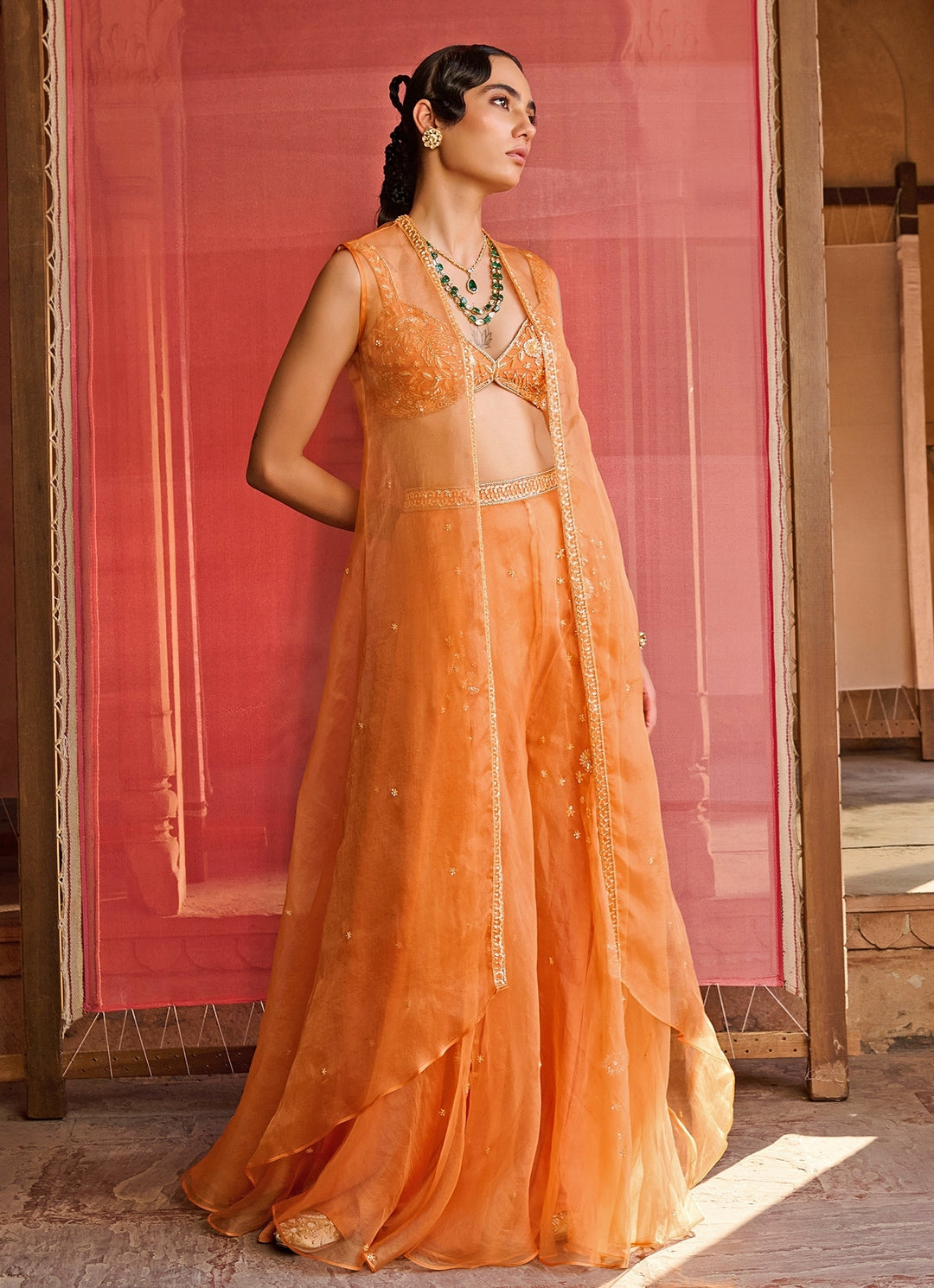 Orange Embroidered Organza Pants Set With Jacket