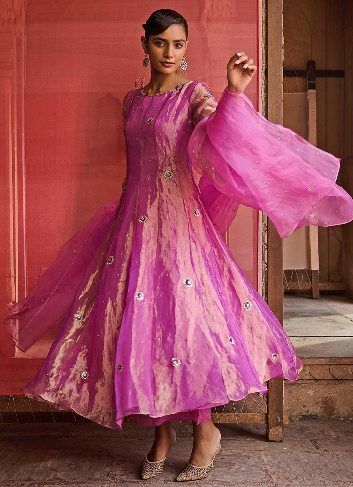 Purple Embroidered Silk Tissue Kurta Set