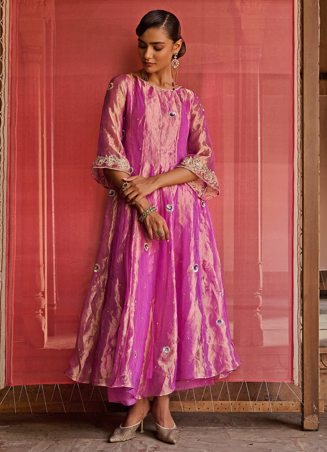 Purple Embroidered Silk Tissue Kurta Set