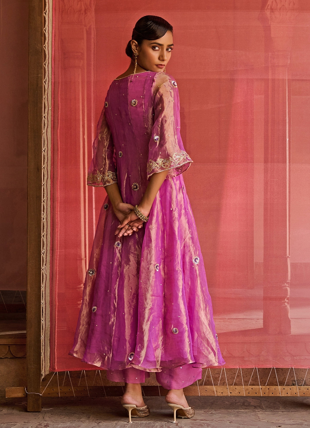 Purple Embroidered Silk Tissue Kurta Set