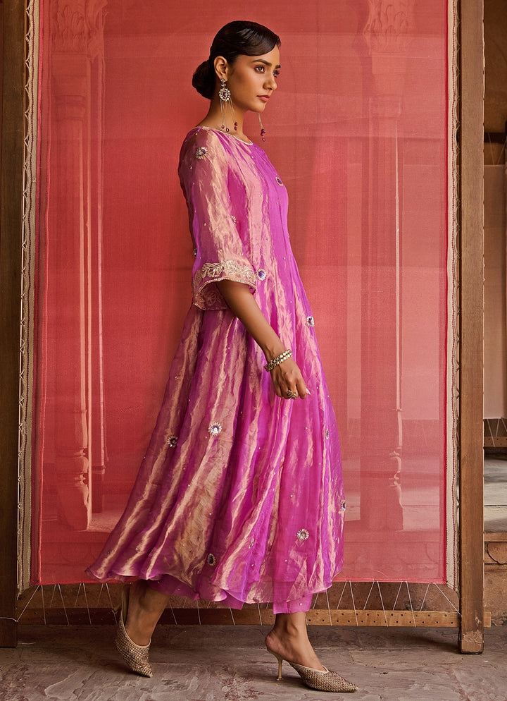 Purple Embroidered Silk Tissue Kurta Set