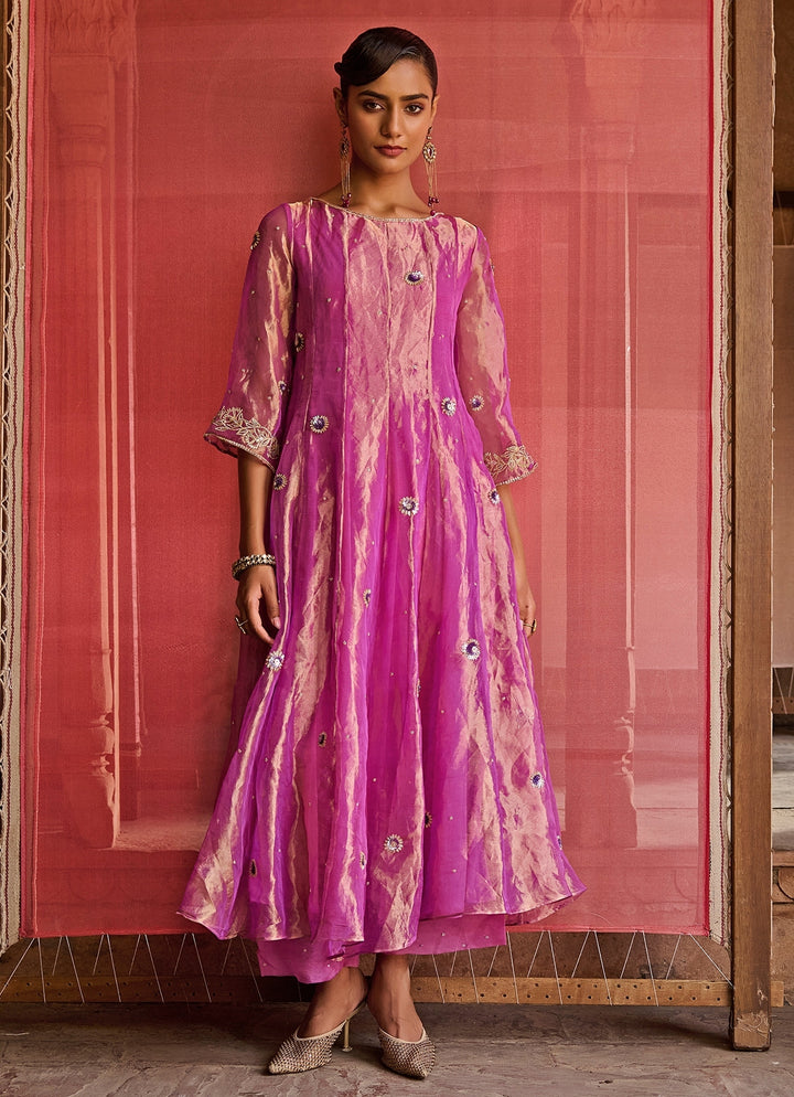 Purple Embroidered Silk Tissue Kurta Set