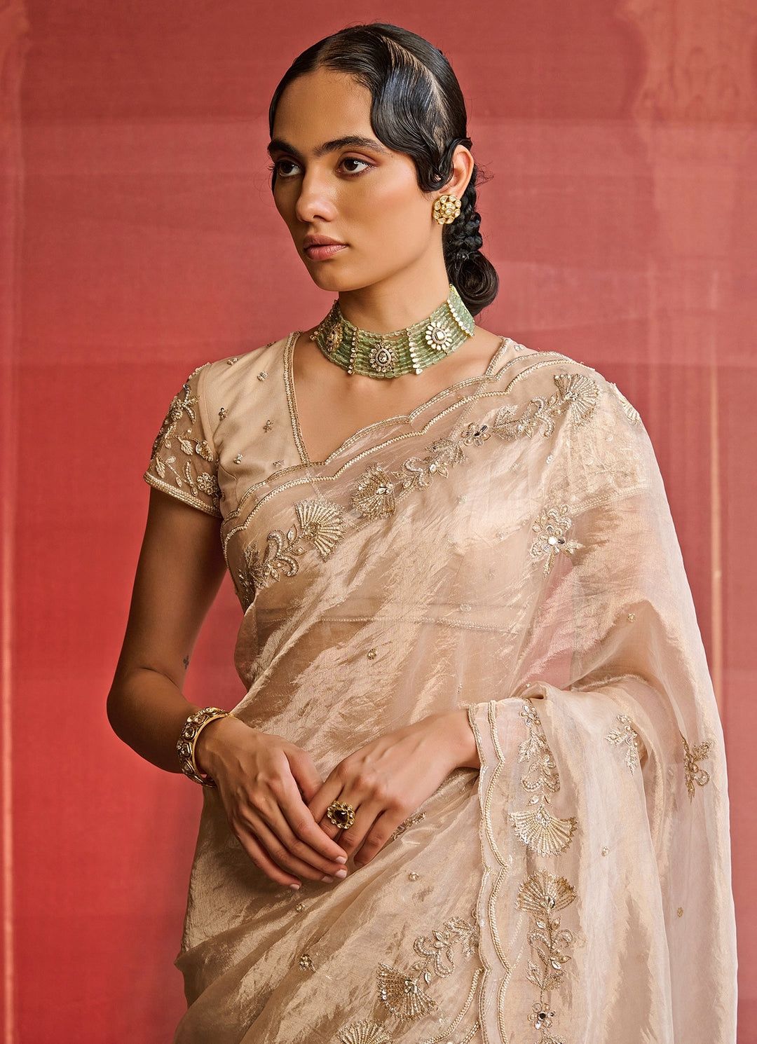 Rose Gold Embroidered Silk Tissue Saree Set