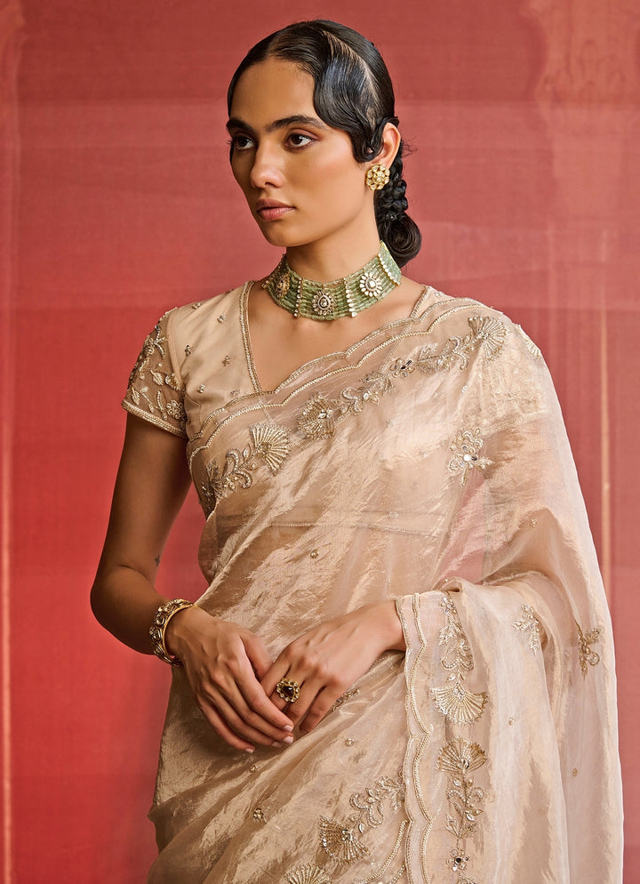 Rose Gold Embroidered Silk Tissue Saree Set
