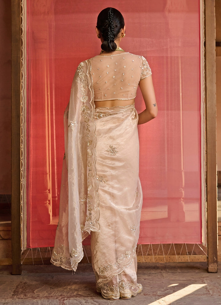 Rose Gold Embroidered Silk Tissue Saree Set