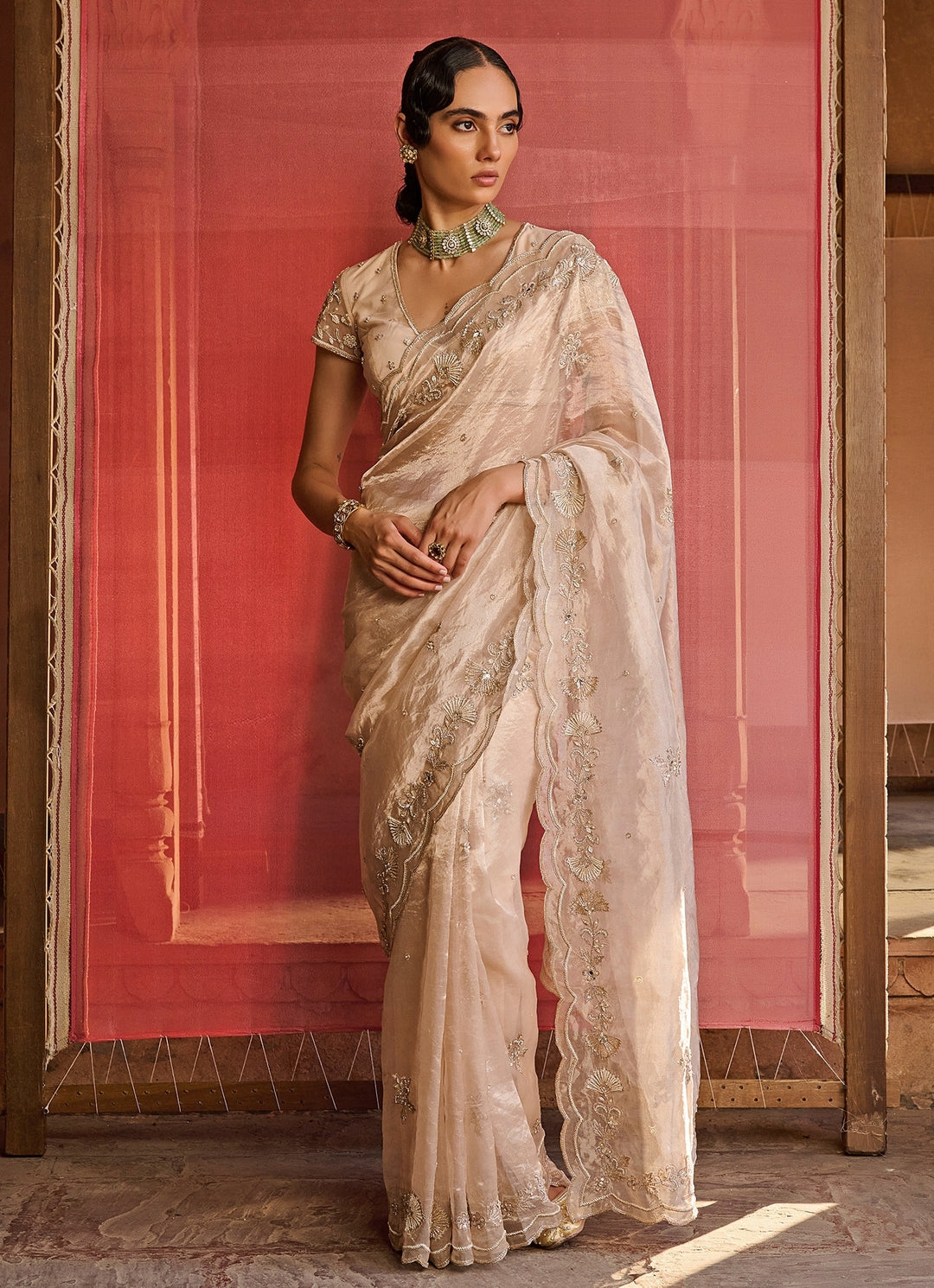 Rose Gold Embroidered Silk Tissue Saree Set