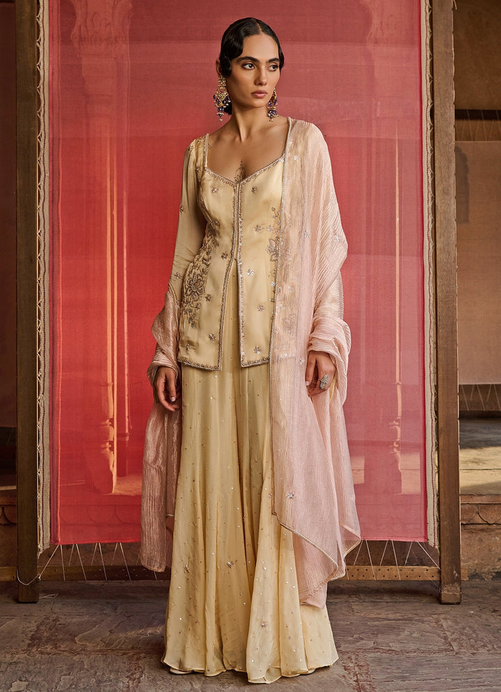 Yellow Chiffon Sharara Set With Pink Dupatta