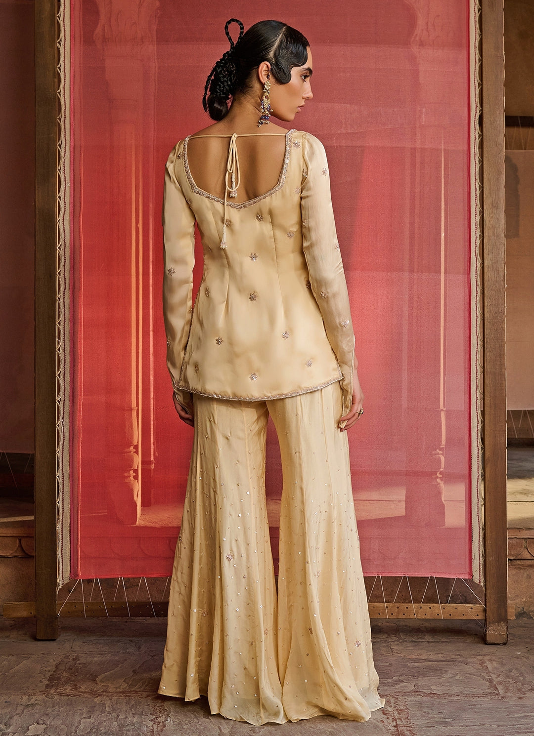 Yellow Chiffon Sharara Set With Pink Dupatta