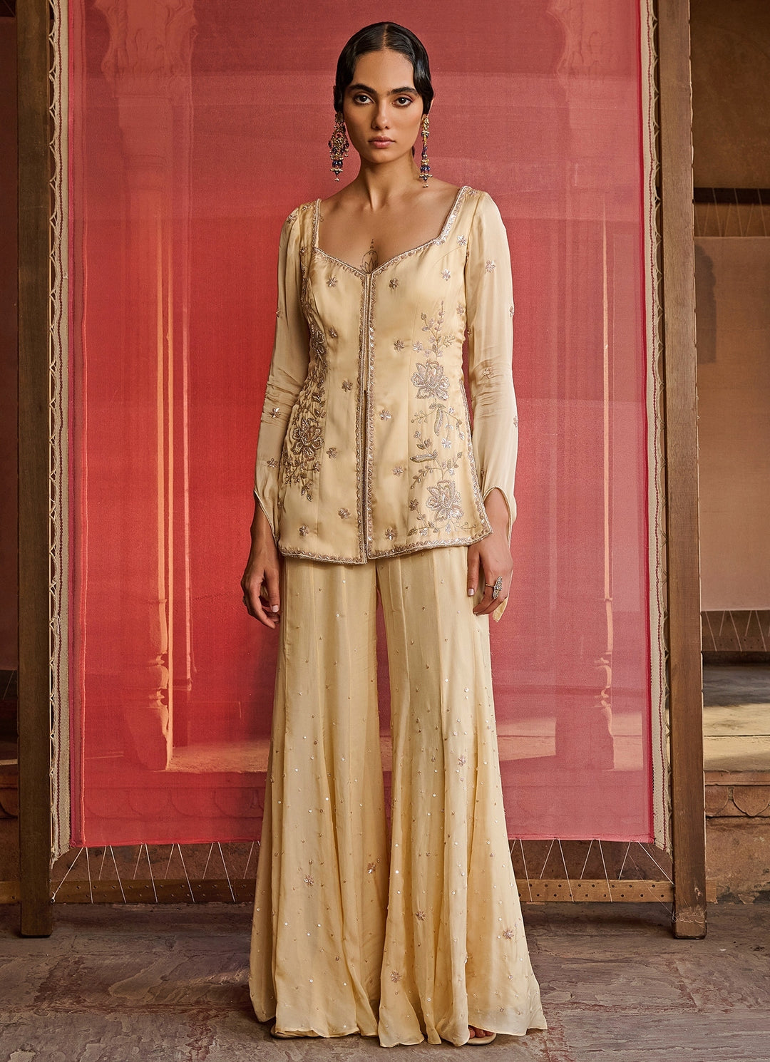 Yellow Chiffon Sharara Set With Pink Dupatta