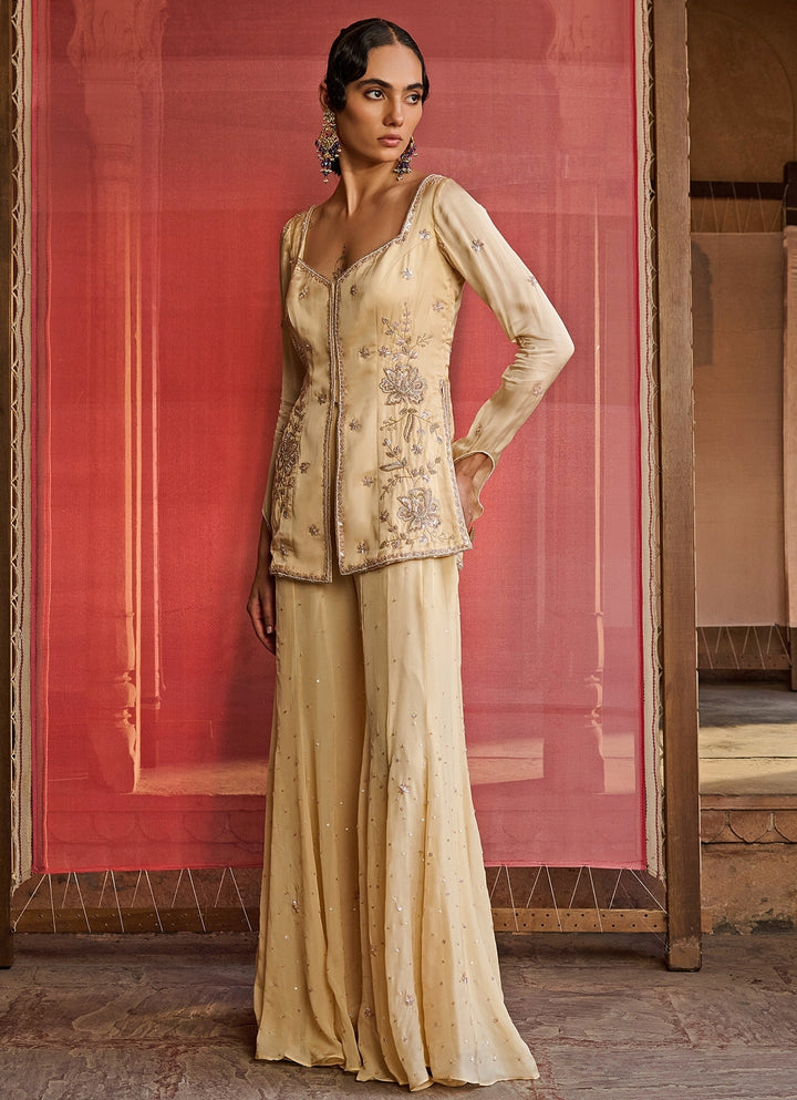 Yellow Chiffon Sharara Set With Pink Dupatta