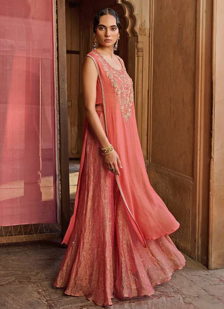 Coral Embroidered Georgette Kurta Set