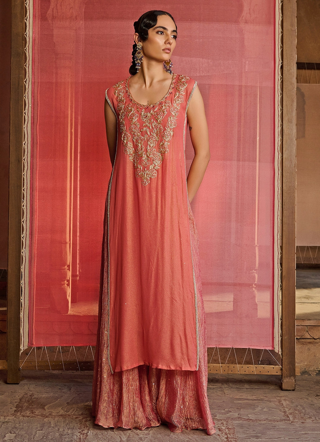 Coral Embroidered Georgette Kurta Set