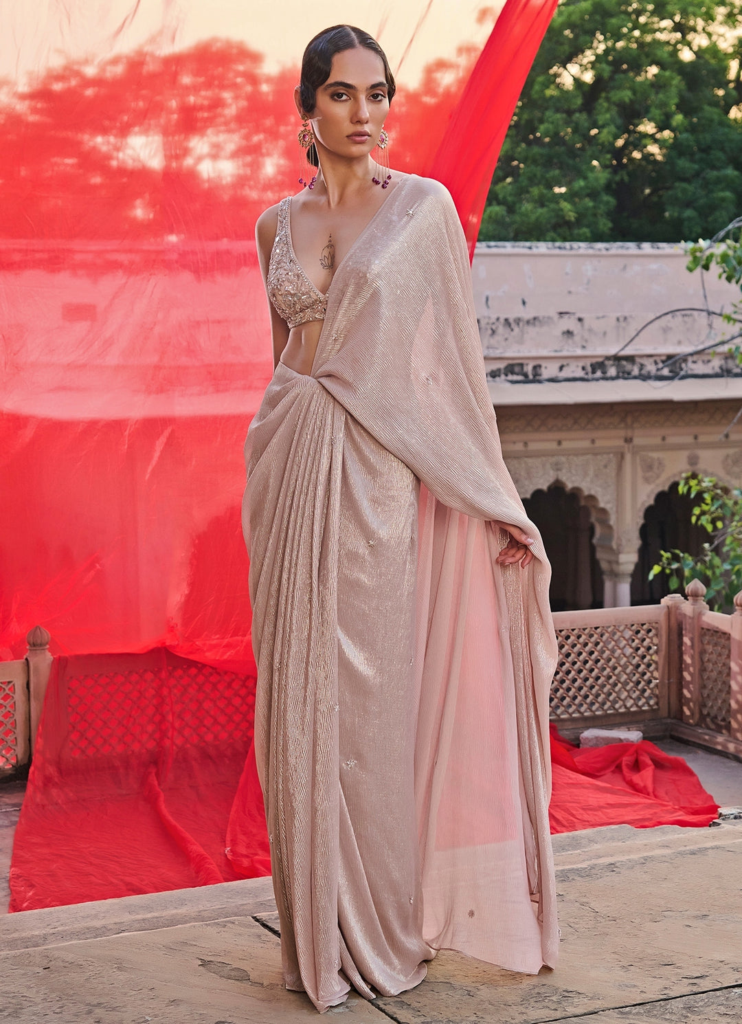 Champagne Gold Georgette Pre-Draped Saree