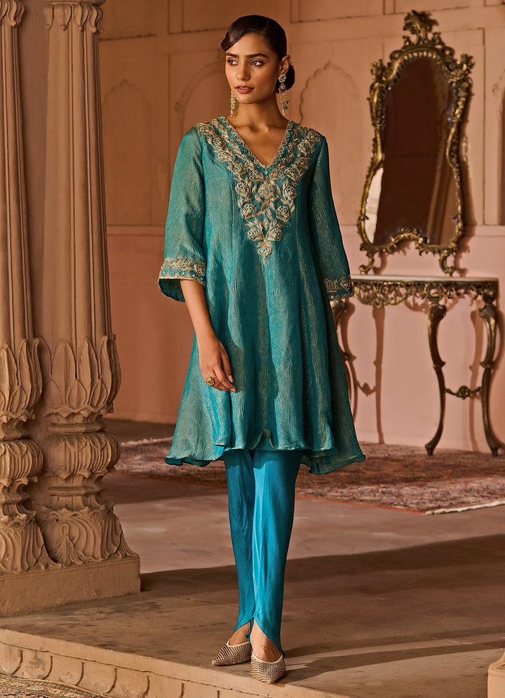 Peacock Blue Embroidered Tissue Kurta Set