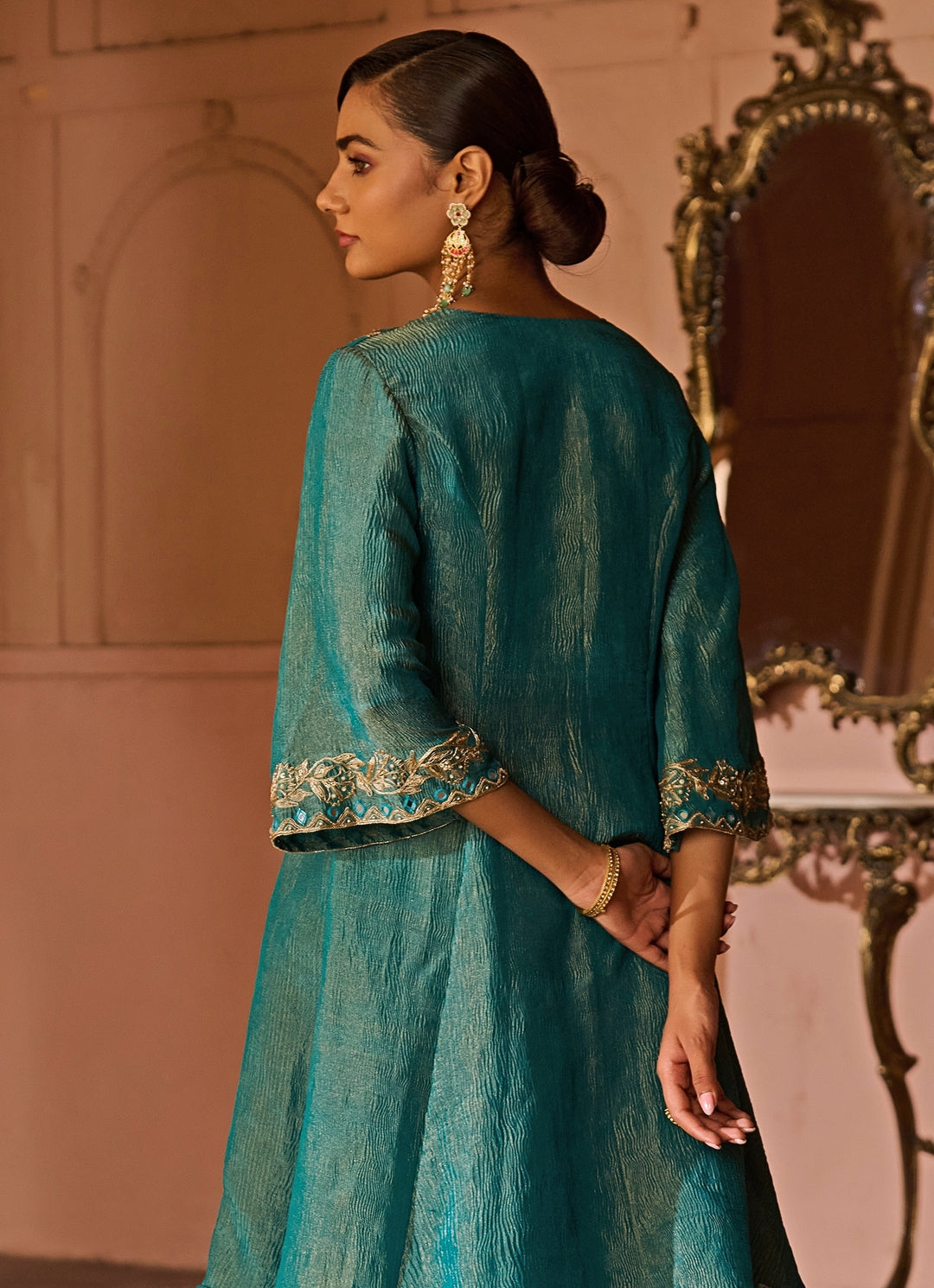 Peacock Blue Embroidered Tissue Kurta Set