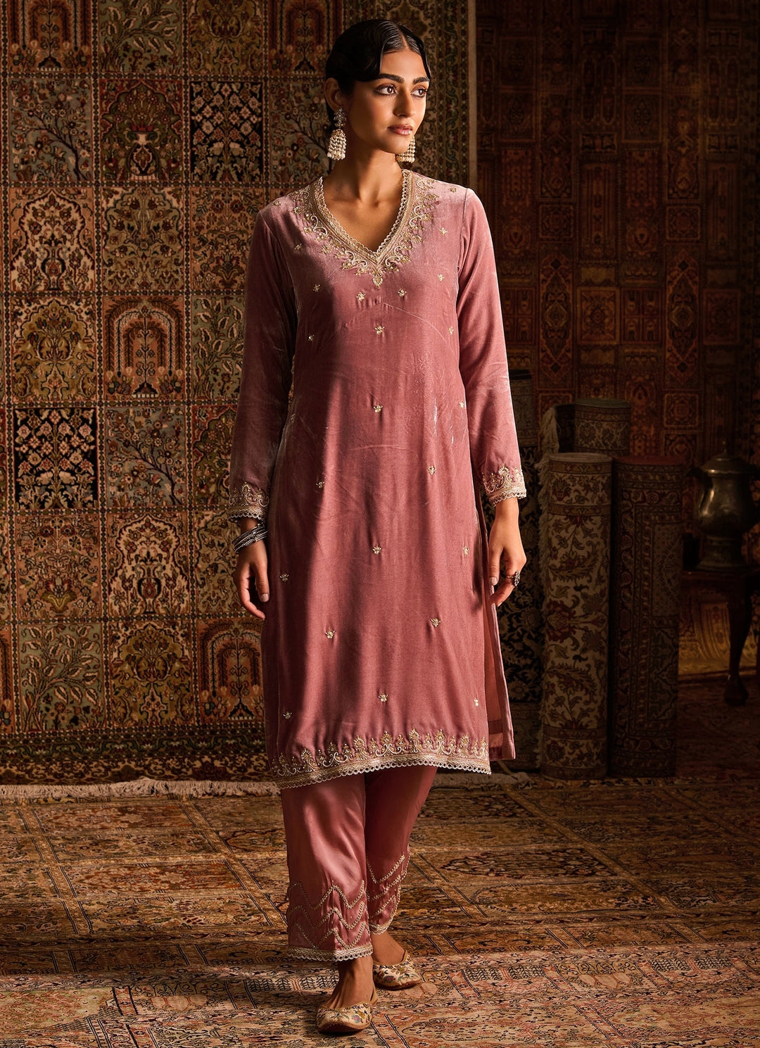 Rose Pink Silk Velvet Kurta Pants Set