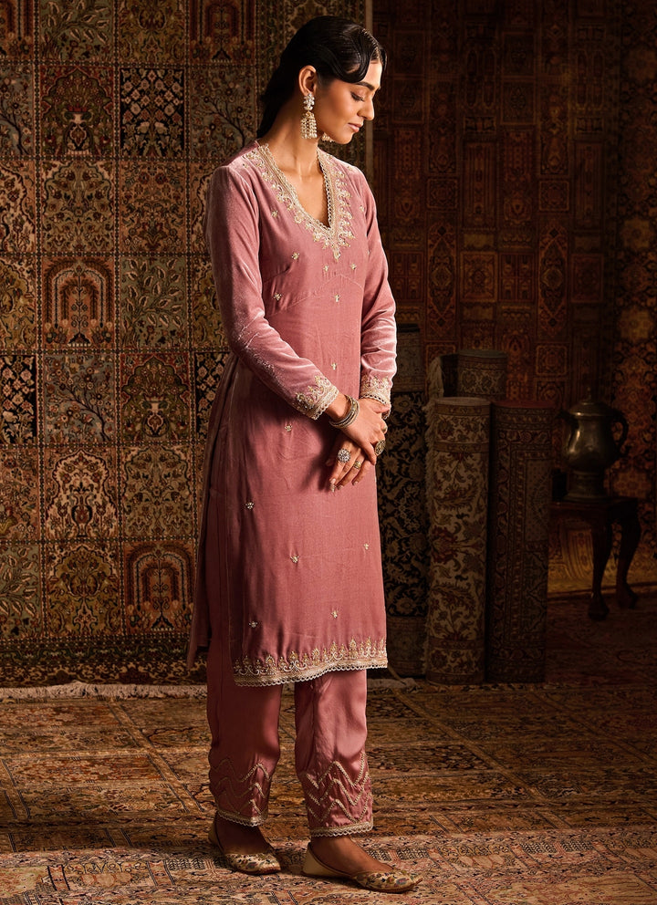 Rose Pink Silk Velvet Kurta Pants Set