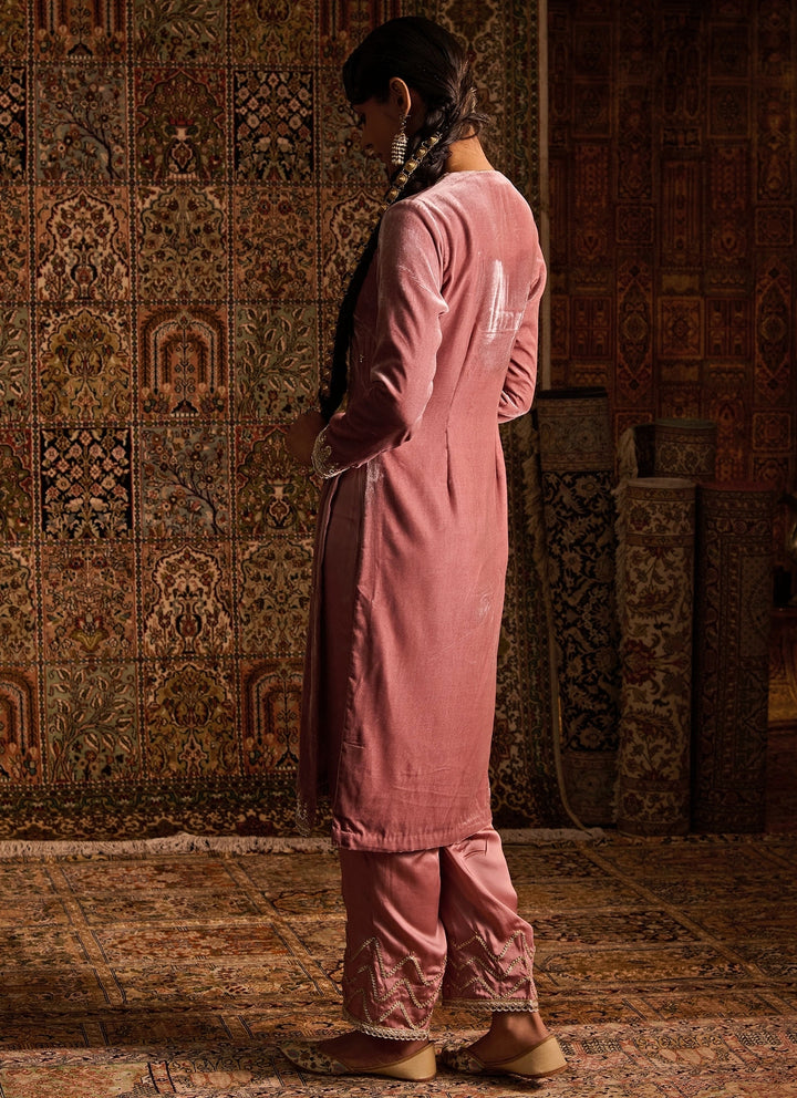Rose Pink Silk Velvet Kurta Pants Set