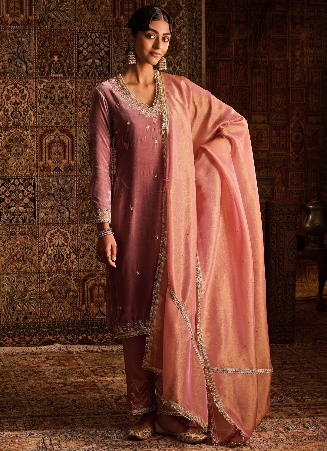 Rose Pink Silk Velvet Kurta Pants Set