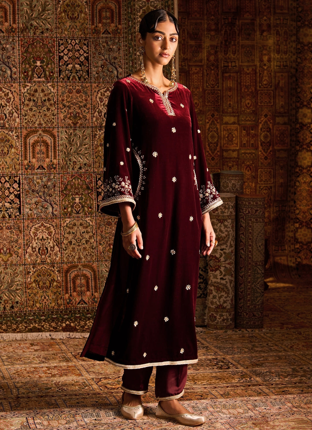Maroon Red Silk Velvet Kurta Pants Set