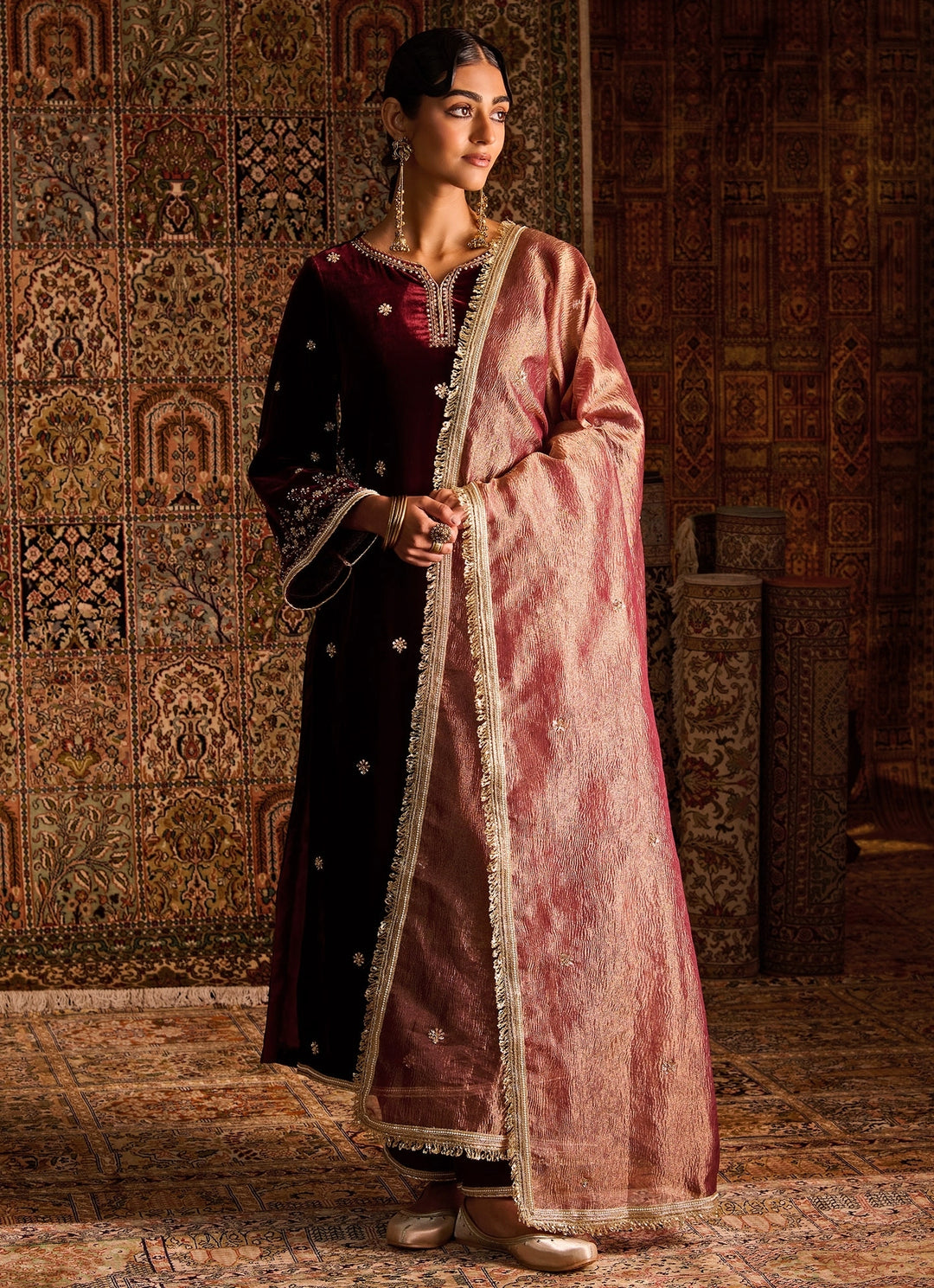 Maroon Red Silk Velvet Kurta Pants Set