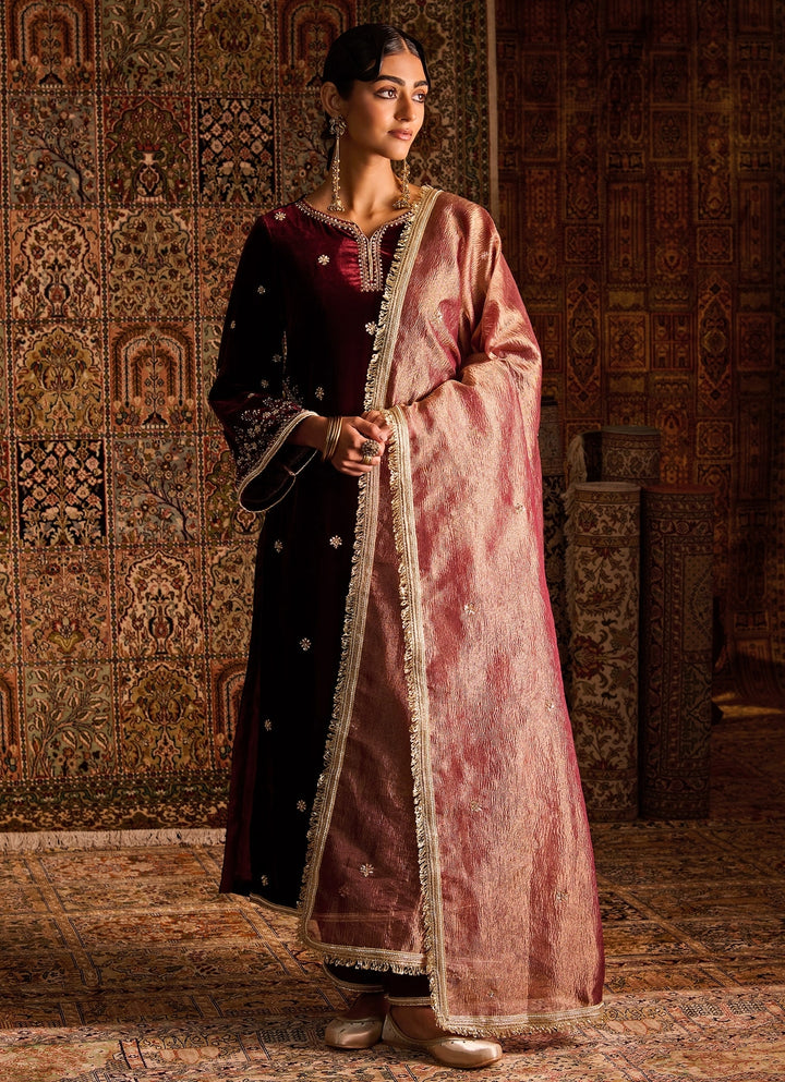 Maroon Red Silk Velvet Kurta Pants Set