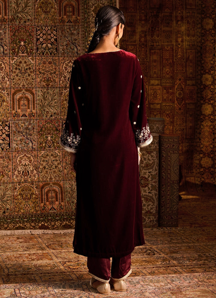 Maroon Red Silk Velvet Kurta Pants Set